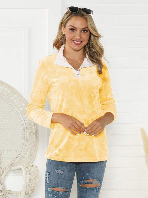 Tie-Dye Half Button Long Sleeve T-Shirt Canary Yellow Women's T-Shirts - Tophatter Daily Deals