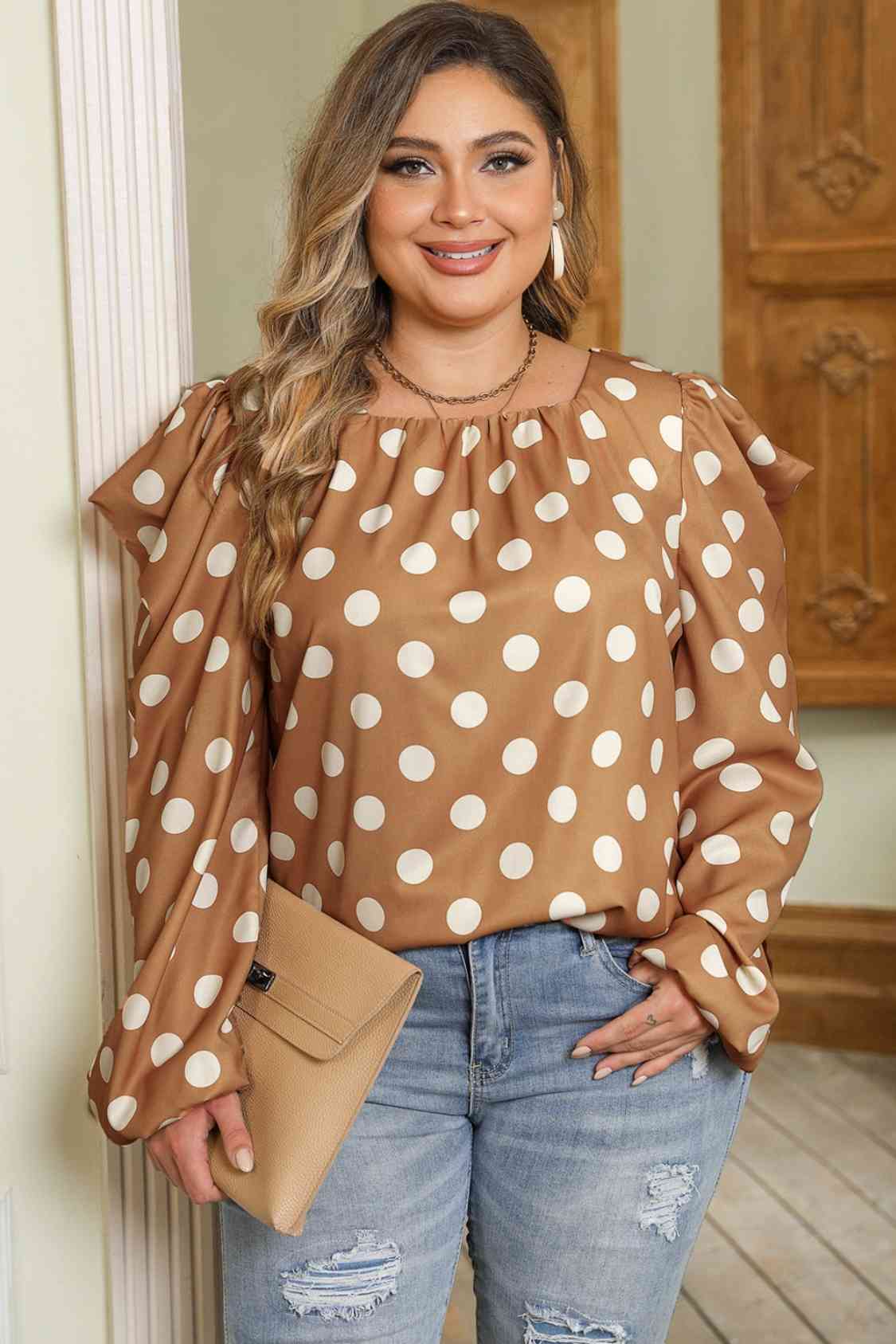 Plus Size Polka Dot Long Sleeve Blouse Khaki Blouses - Tophatter Daily Deals