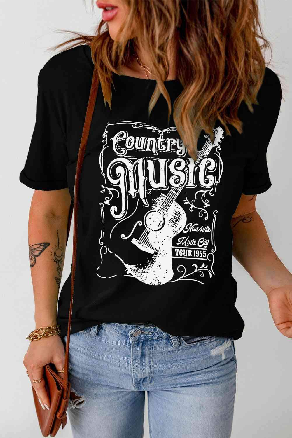 COUNTRY MUSIC Graphic Short Sleeve Tee Shirt Black Women's T-Shirts - Tophatter Daily Deals