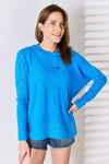 Zenana Ribbed Trim Round Neck Long Sleeve Top Ocean Blue Blouses - Tophatter Daily Deals