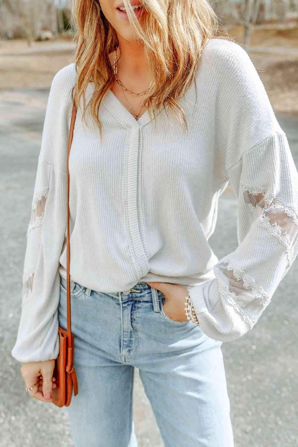 V-Neck Dropped Shoulder Blouse Blouses - Tophatter Daily Deals