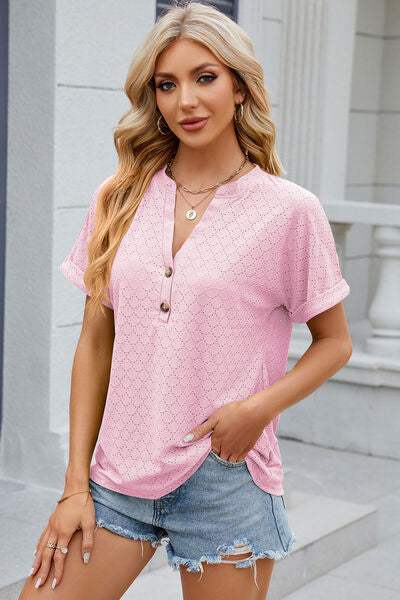 Eyelet Notched Short Sleeve T-Shirt Women's T-Shirts - Tophatter Daily Deals