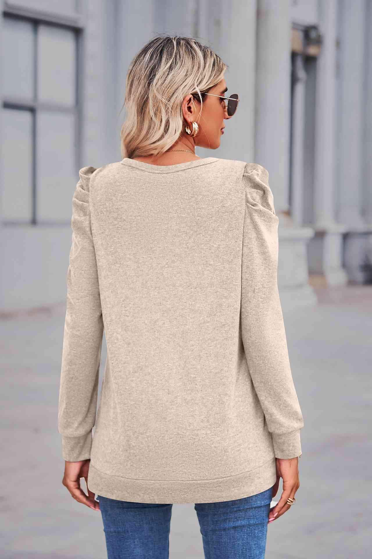 Heathered Puff Sleeve Round Neck Tunic Top Women's T-Shirts - Tophatter Daily Deals