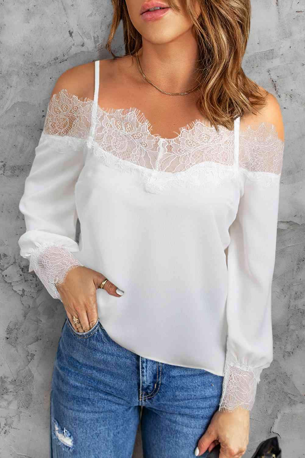 Eyelash Trim Spliced Lace Cold-Shoulder Top White Blouses - Tophatter Daily Deals