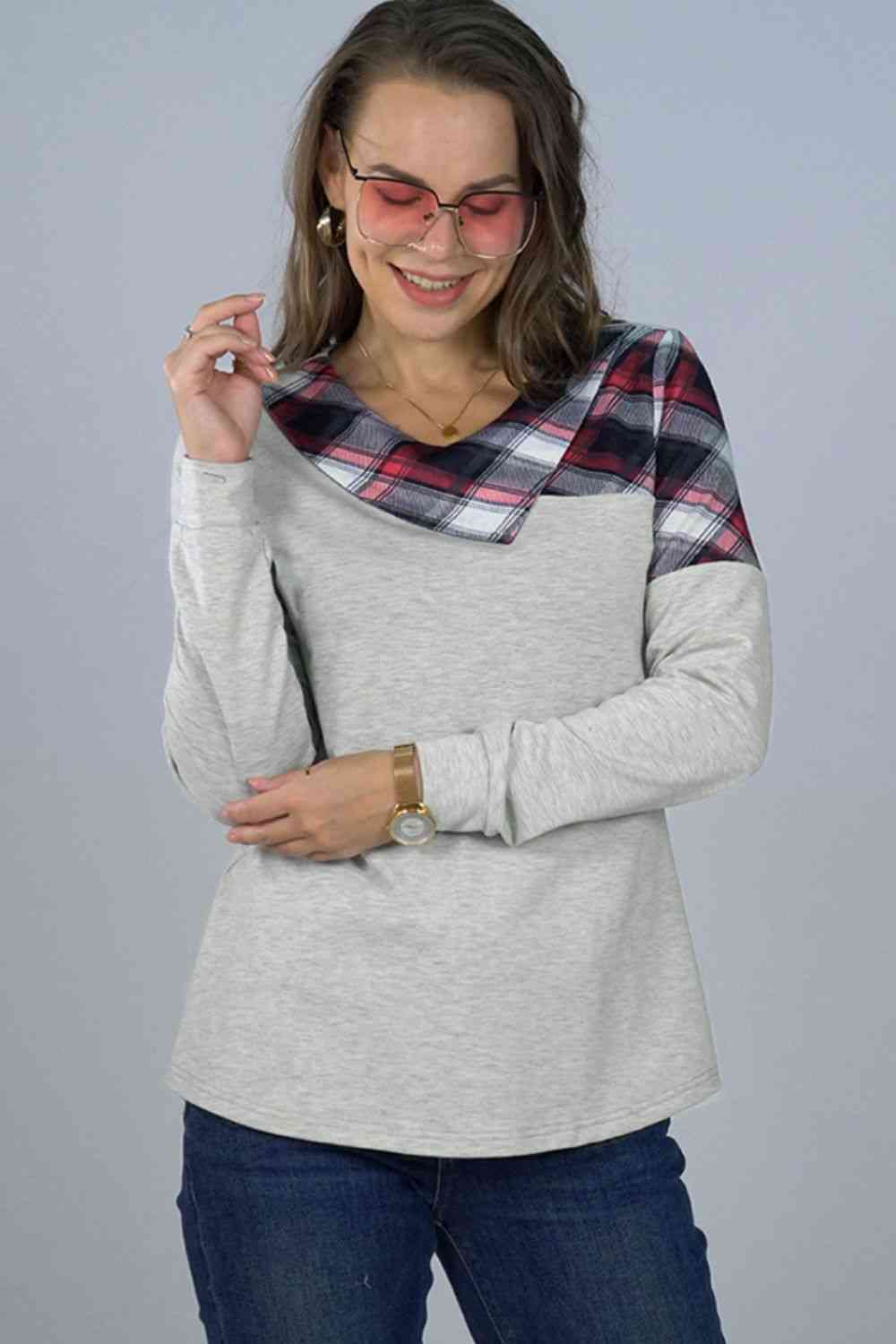 Asymmetrical Plaid Print Long Sleeve Tee Light Gray Women's T-Shirts - Tophatter Daily Deals