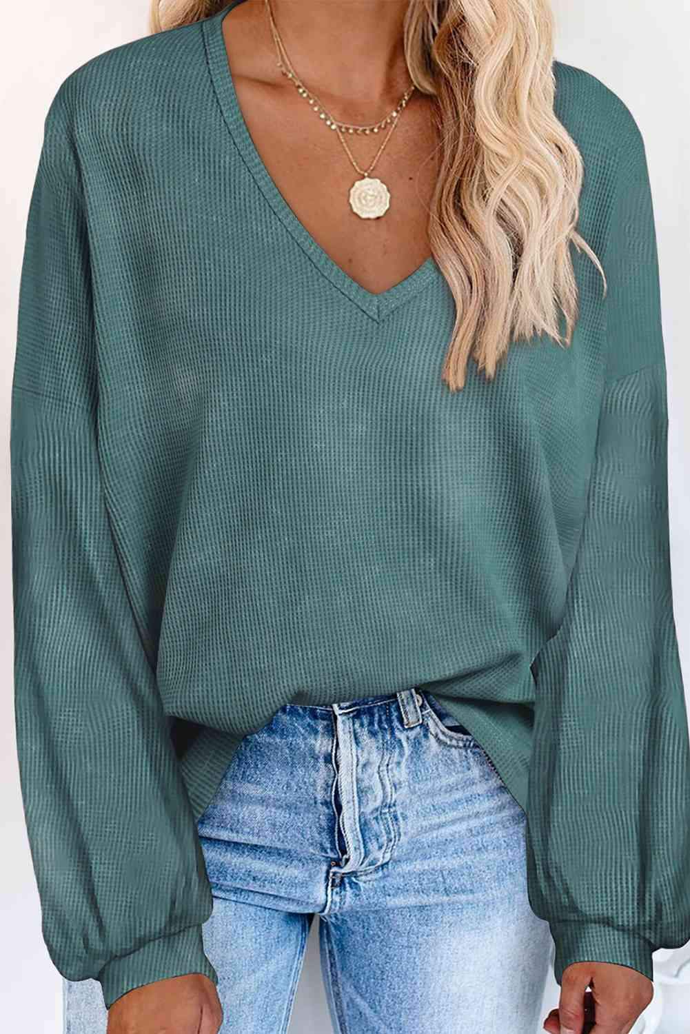 V-Neck Long Sleeve Top Deep Teal Blouses - Tophatter Daily Deals