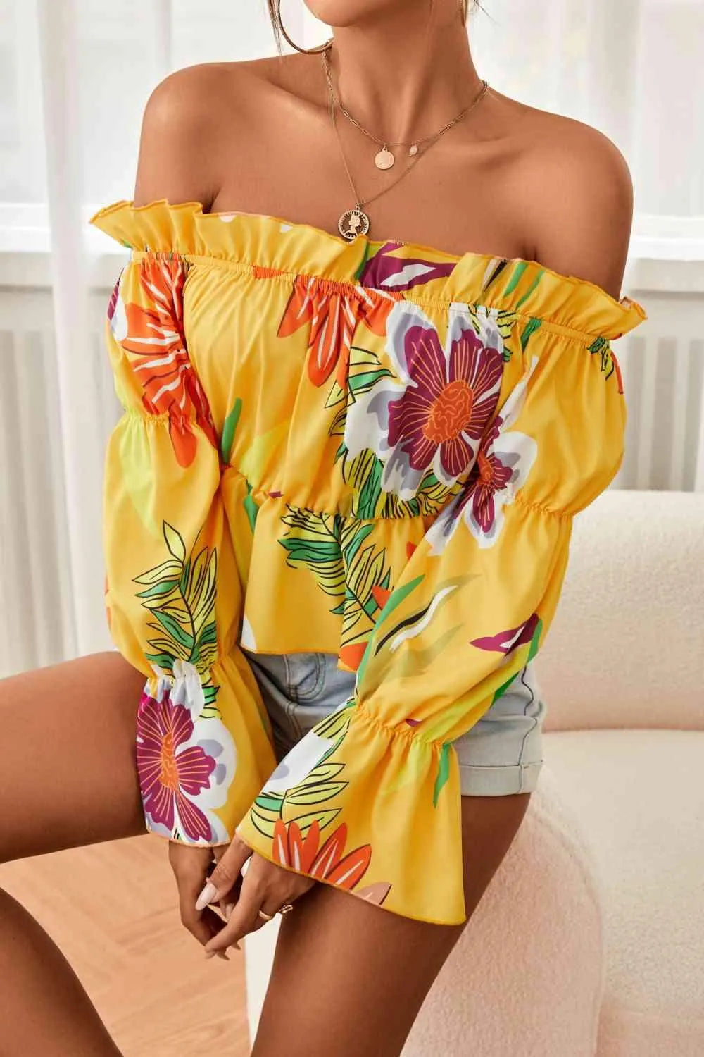 Floral Off-Shoulder Flounce Sleeve Peplum Blouse Blouses - Tophatter Daily Deals