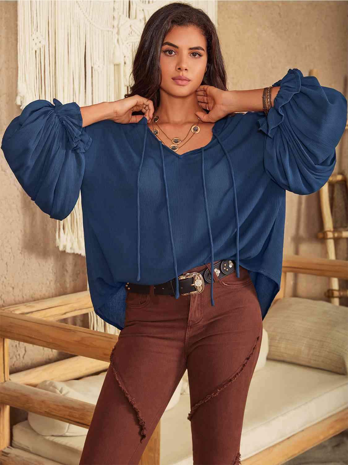 Tie Neck Long Sleeve Blouse Blouses - Tophatter Daily Deals