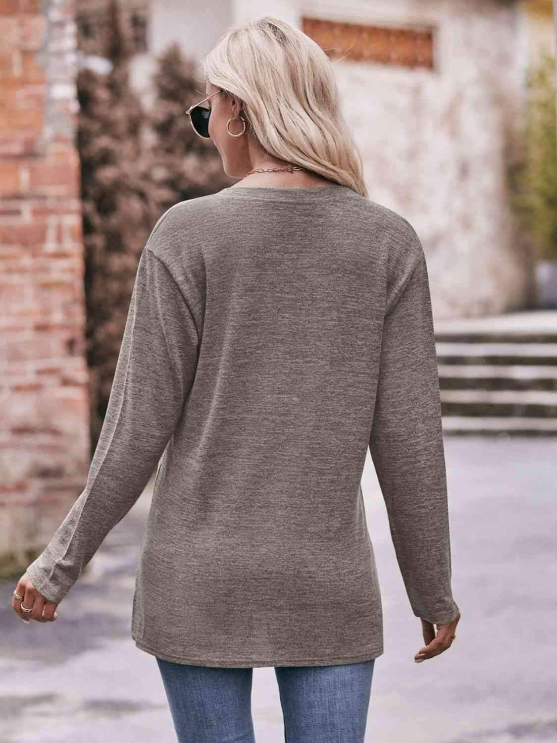 Double Take Buttoned Notched Neck Long Sleeve Top Blouses - Tophatter Daily Deals