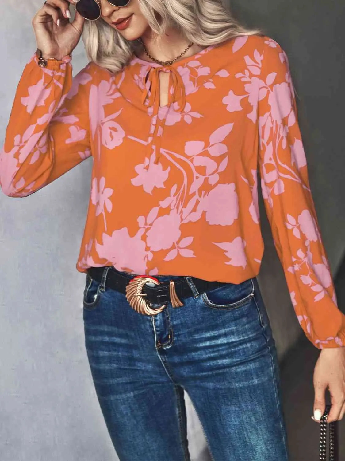 Printed Tie Neck Long Sleeve Blouse Blouses - Tophatter Daily Deals