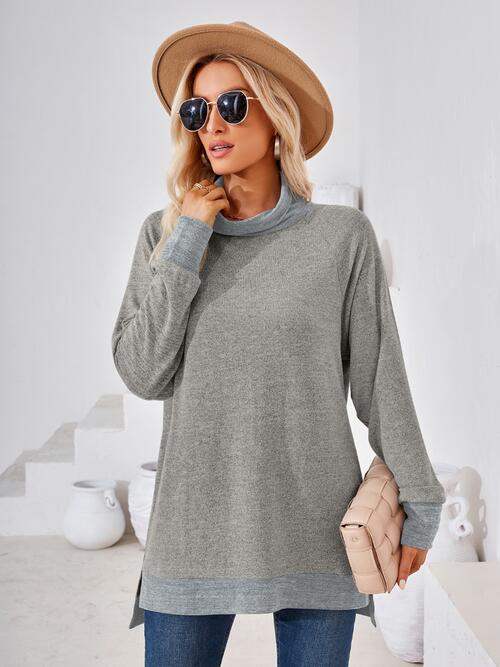 Contrast Mock Neck Long Sleeve T-Shirt Women's T-Shirts - Tophatter Daily Deals