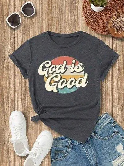 Full Size GOD IS GOOD Round Neck Short Sleeve T-Shirt Charcoal Women's T-Shirts - Tophatter Daily Deals