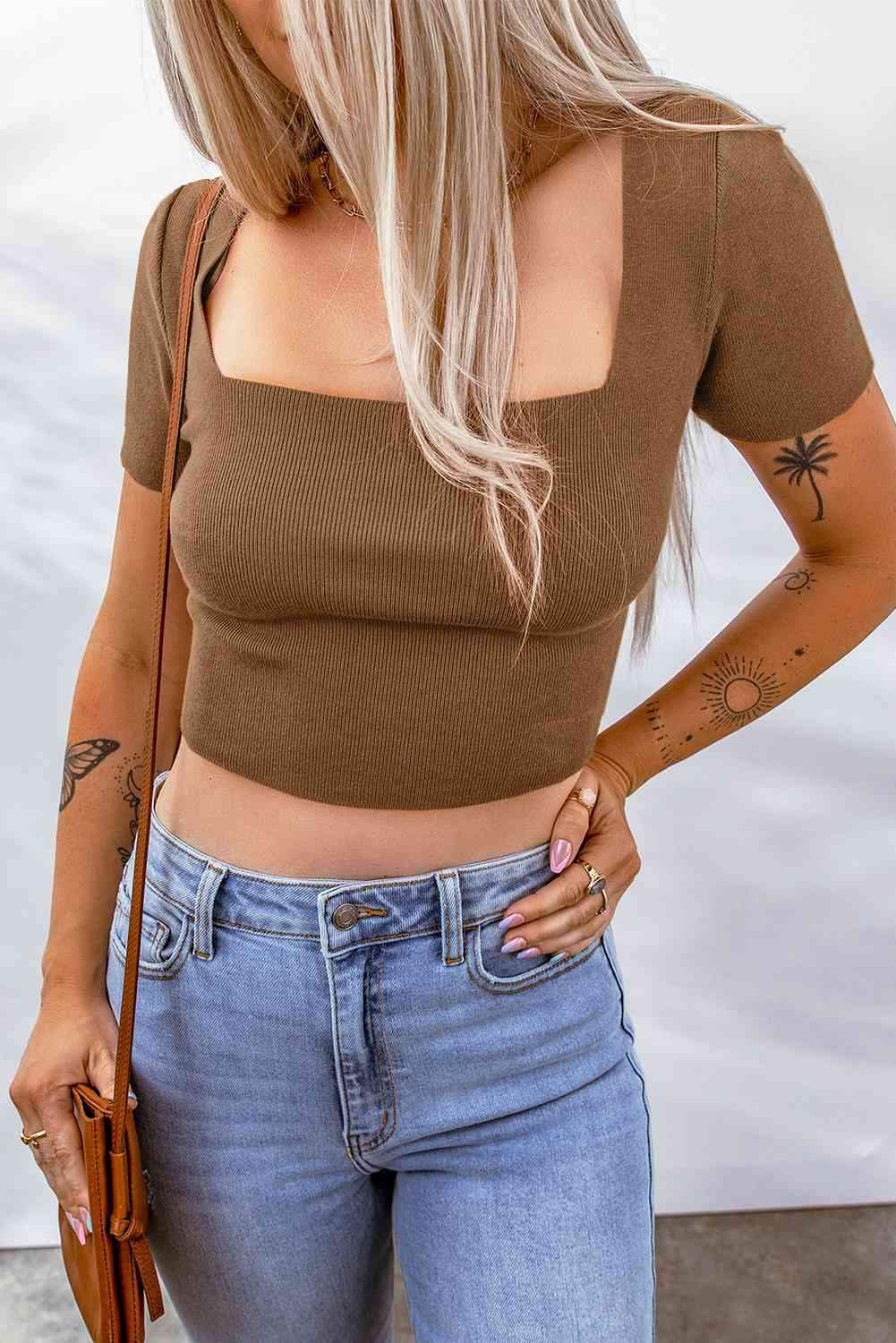 Lace-Up Square Neck Crop Top Brown Blouses - Tophatter Daily Deals