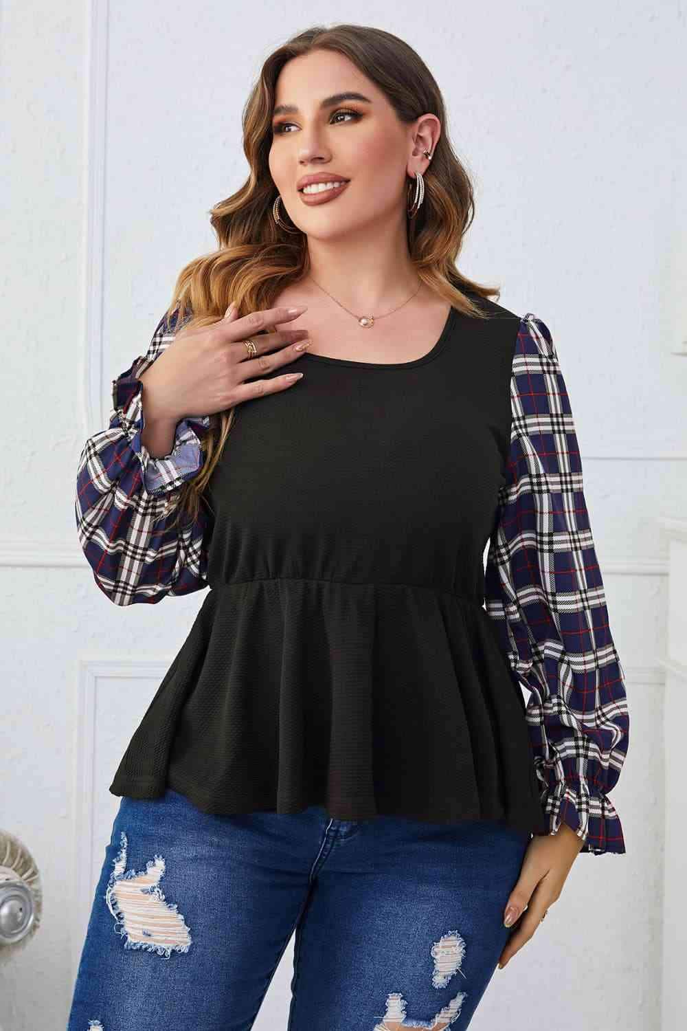 Melo Apparel Plus Size Plaid Print Square Neck Ruched Blouse Blouses - Tophatter Daily Deals