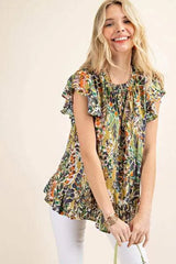 Kori America Full Size Printed Ruffle Hem Cap Sleeve Blouse GREEN MIX Blouses - Tophatter Daily Deals