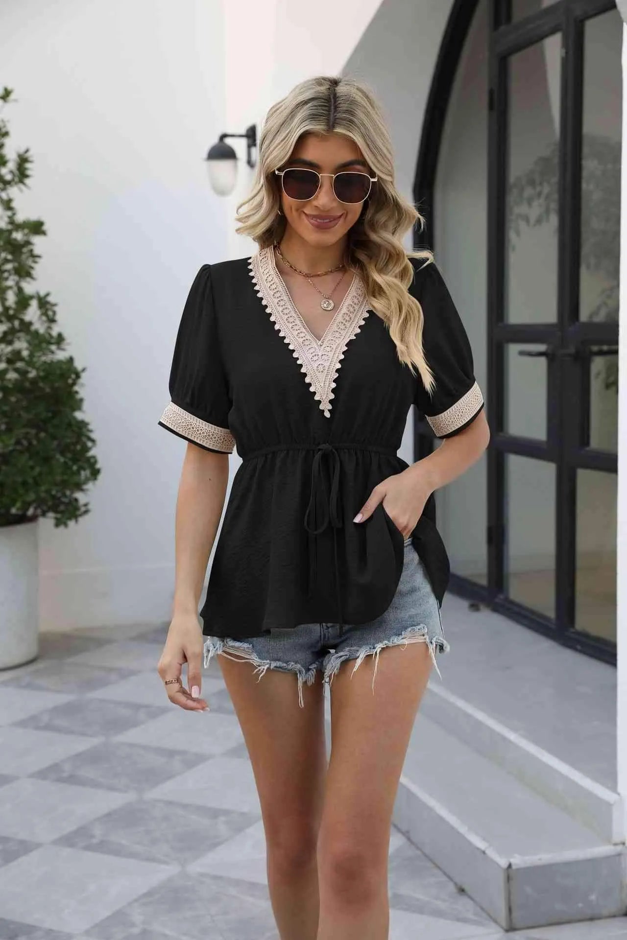 V-Neck Puff Sleeve Babydoll Top Blouses - Tophatter Daily Deals