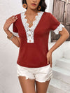 Lace Detail V-Neck Short Sleeve T-Shirt Wine Women's T-Shirts - Tophatter Daily Deals