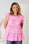 Double Take Leopard Round Neck Tiered Blouse Hot Pink Blouses - Tophatter Daily Deals