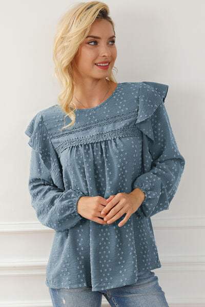 Round Neck Ruffled Blouse Blouses - Tophatter Daily Deals