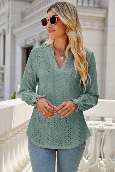 Eyelet Notched Lantern Sleeve T-Shirt Women's T-Shirts - Tophatter Daily Deals