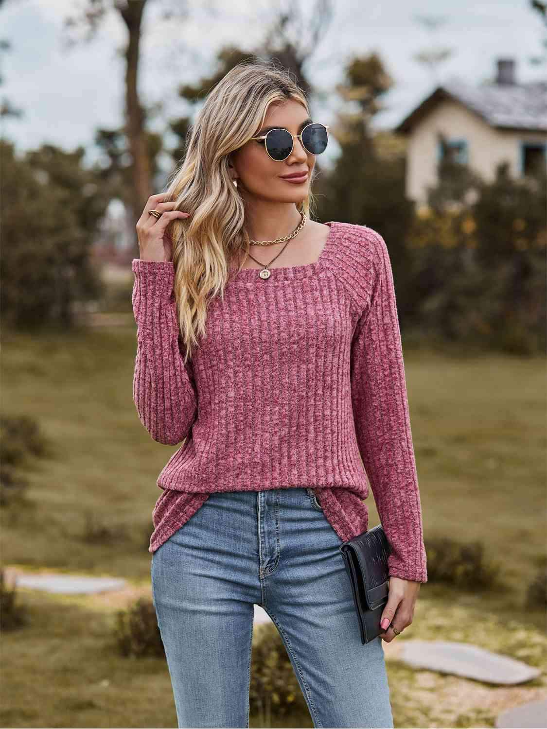 Full Size Ribbed Square Neck Long Sleeve T-Shirt Women's T-Shirts - Tophatter Daily Deals