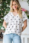 Heimish Full Size Star Print Short Sleeve V-Neck Waffle Knit T-Shirt Blouses - Tophatter Daily Deals