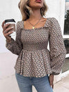 Printed Square Neck Long Sleeve Blouse Mocha Blouses - Tophatter Daily Deals