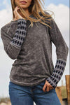 Geometric Round Neck Long Sleeve Top Charcoal Blouses - Tophatter Daily Deals