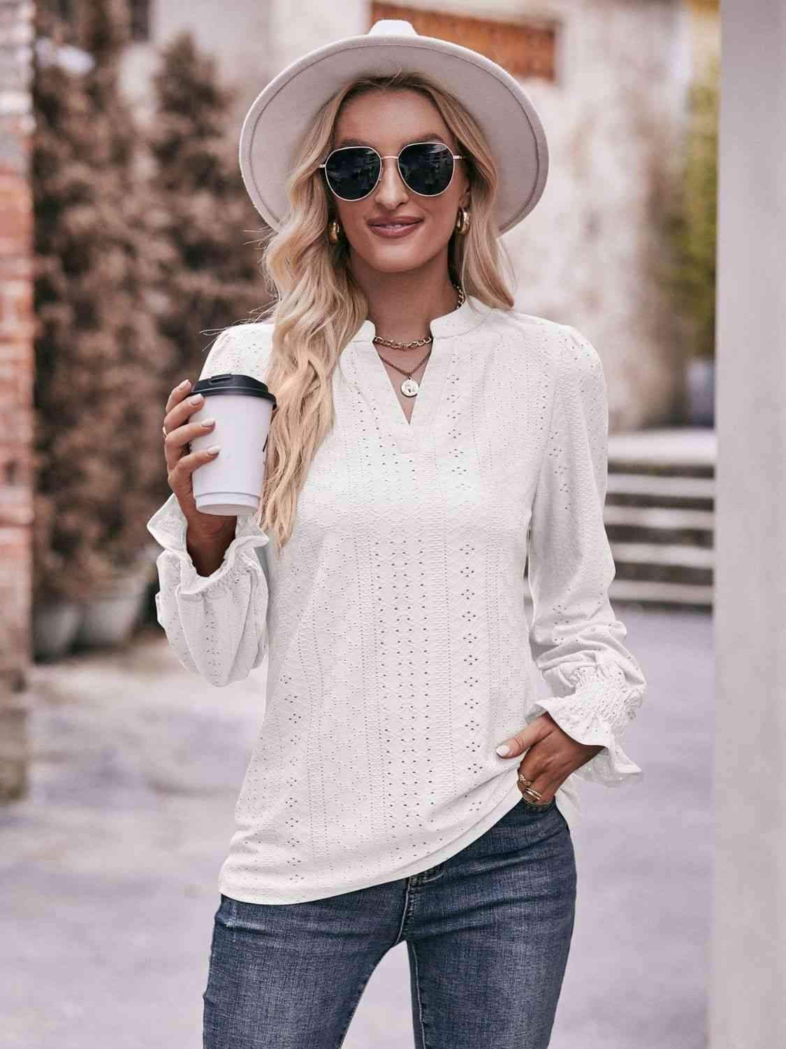 Double Take Eyelet Notched Neck Flounce Sleeve Blouse Blouses - Tophatter Daily Deals