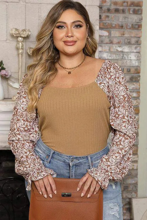 Plus Size Floral Square Neck Flounce Sleeve Blouse Khaki Blouses - Tophatter Daily Deals