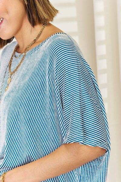 Zenana Striped Round Neck Half Sleeve T-Shirt Blouses - Tophatter Daily Deals