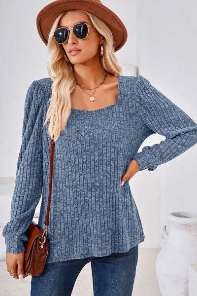 Ribbed Square Neck Long Sleeve T-Shirt Dusty Blue Women's T-Shirts - Tophatter Daily Deals