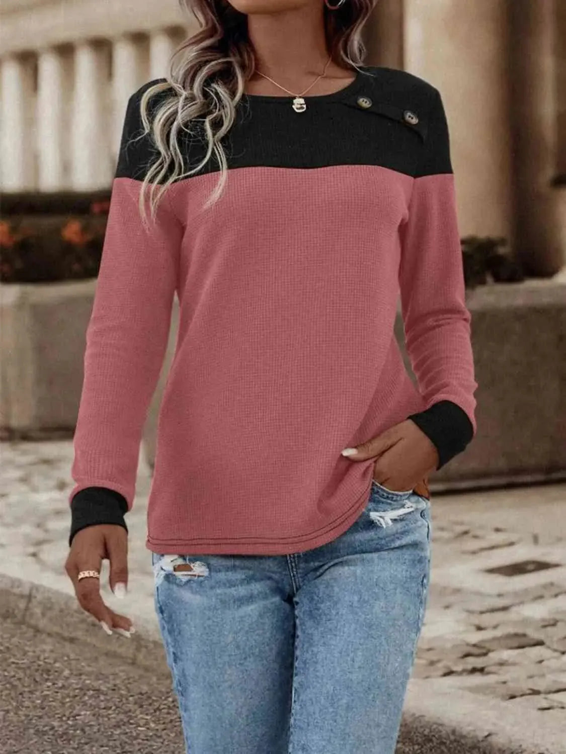 Contrast Buttoned Round Neck Long Sleeve T-Shirt Women's T-Shirts - Tophatter Daily Deals