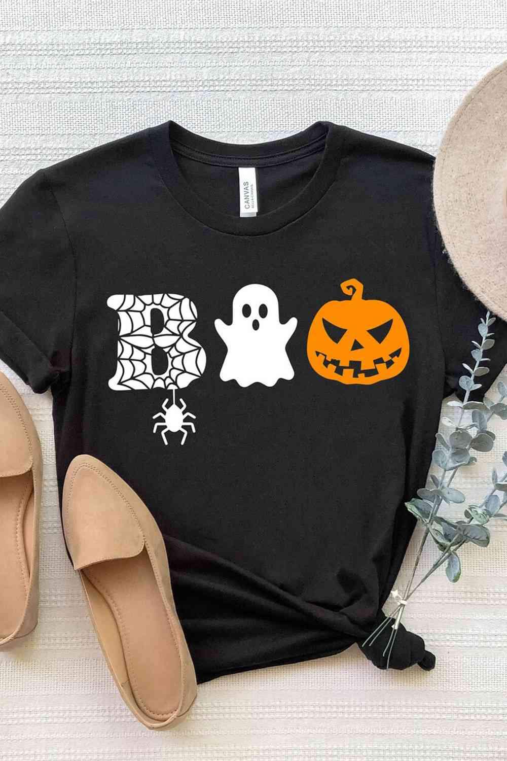 Round Neck Short Sleeve BOO Graphic T-Shirt Women's T-Shirts - Tophatter Daily Deals