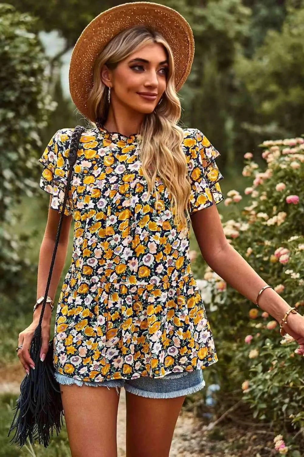Round Neck Flutter Sleeve Peplum Blouse Blouses - Tophatter Daily Deals
