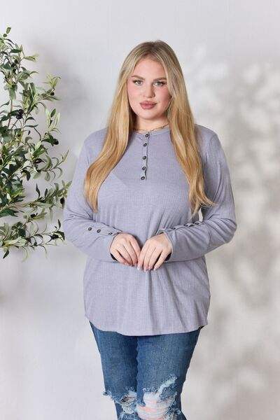 Heimish Full Size Texture Half Button Long Sleeve Top Purple Vintage Blouses - Tophatter Daily Deals