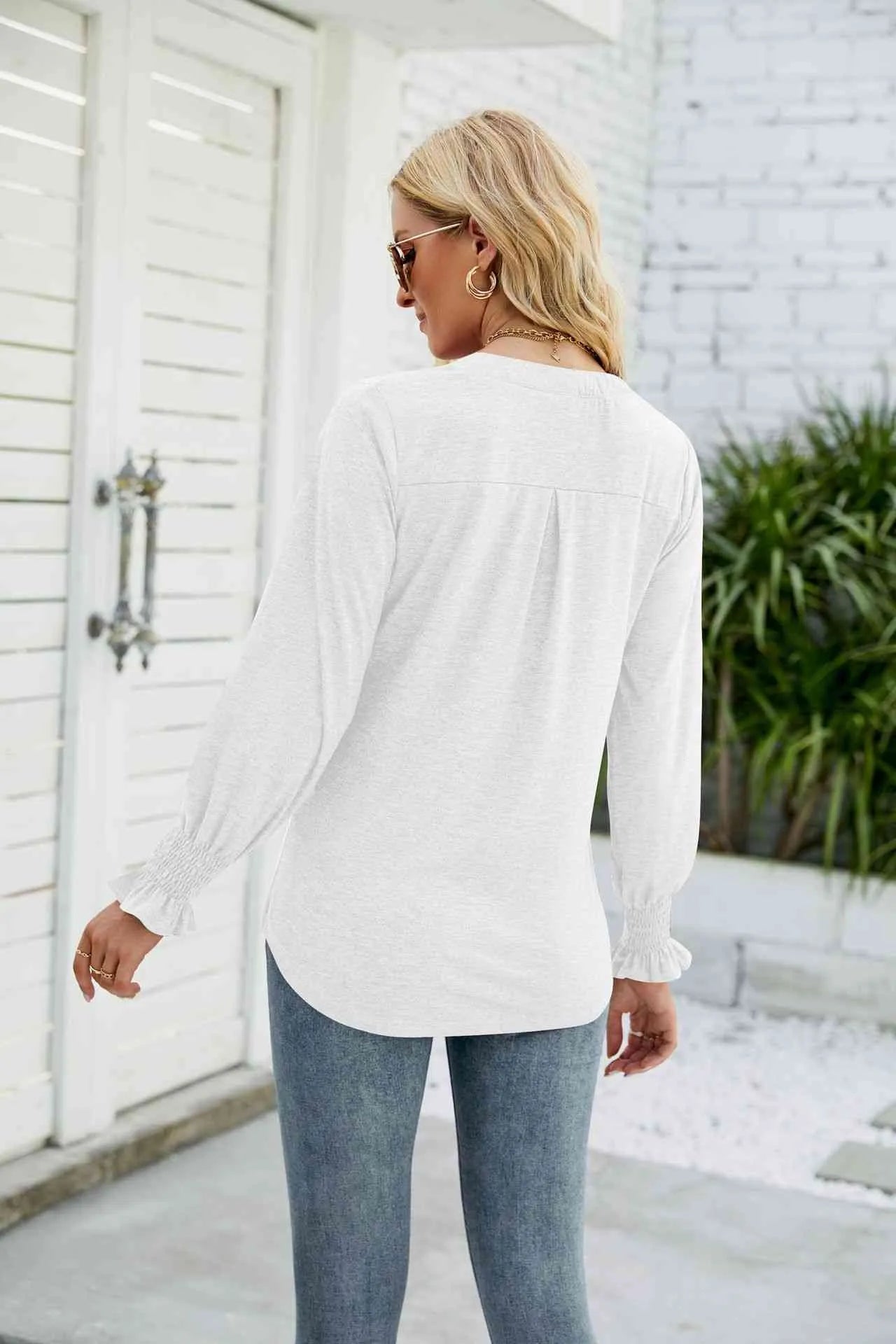 Heathered Flounce Sleeve Curved Hem Top Blouses - Tophatter Daily Deals