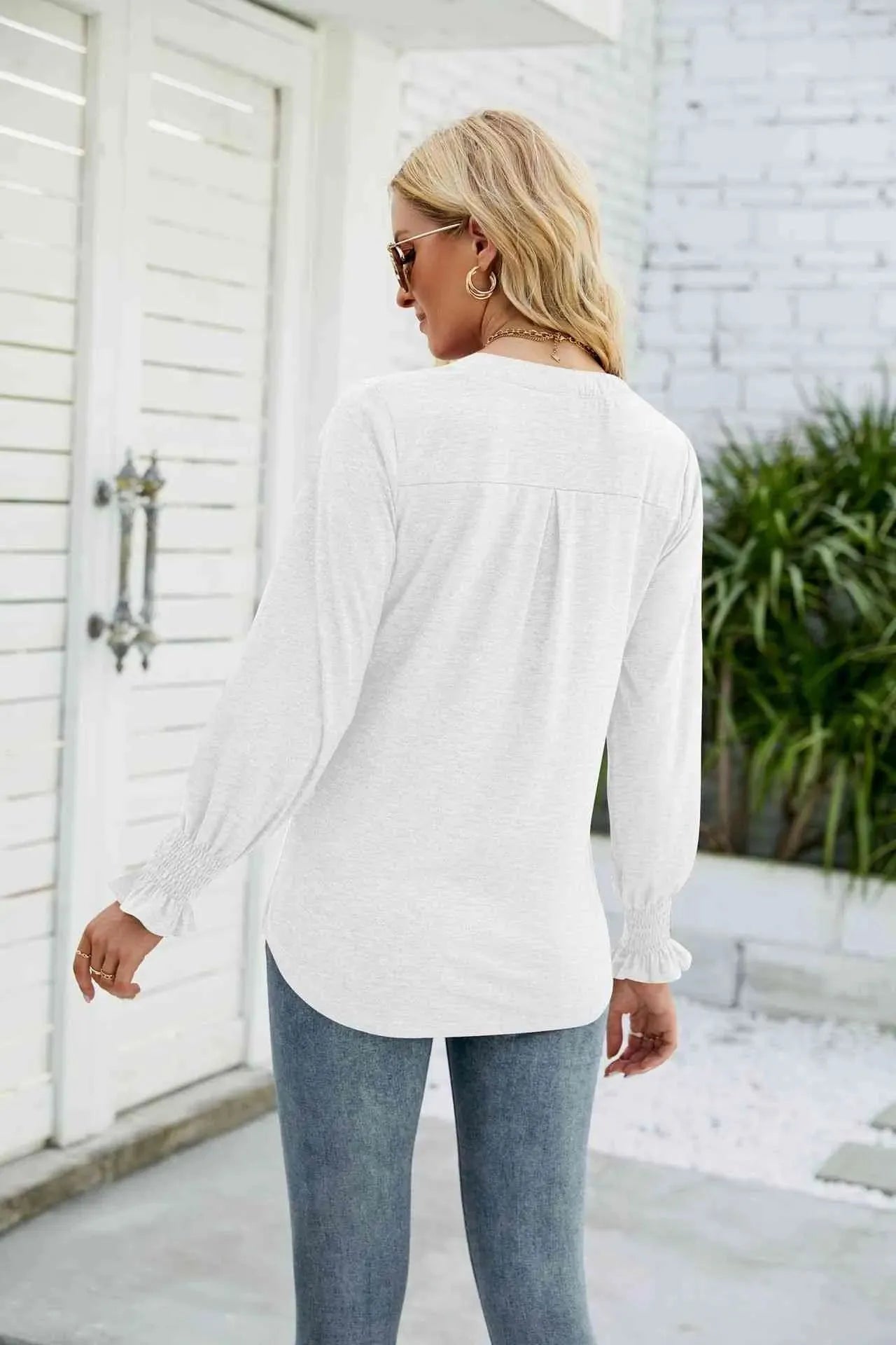 Heathered Flounce Sleeve Curved Hem Top Blouses - Tophatter Daily Deals
