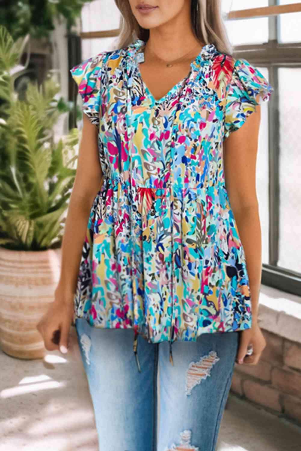 Printed Tie Neck Butterfly Sleeve Babydoll Top Multicolor Blouses - Tophatter Daily Deals