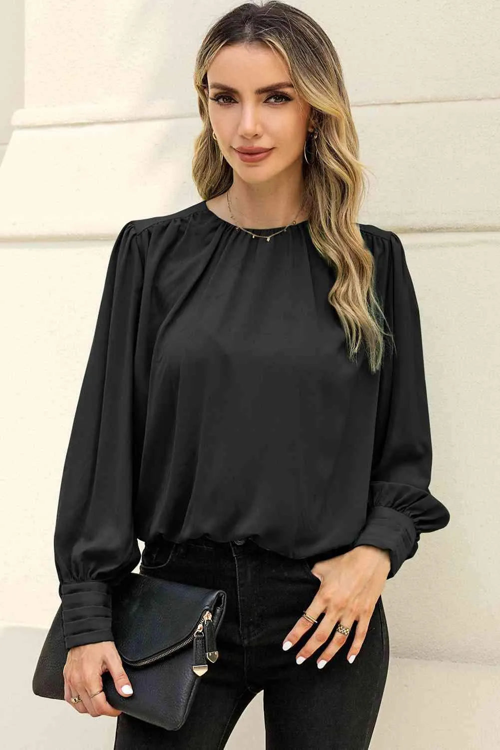 Round Neck Puff Sleeve Blouse Black Blouses - Tophatter Daily Deals