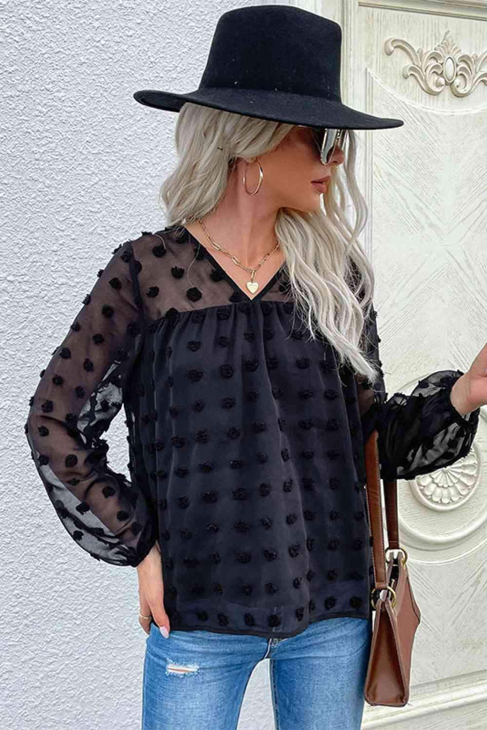 Swiss Dot V-Neck Blouse Black Blouses - Tophatter Daily Deals