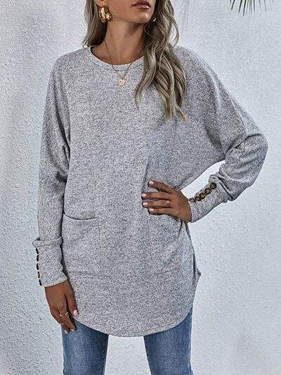 Buttoned Round Neck Long Sleeve T-Shirt Heather Gray Women's T-Shirts - Tophatter Daily Deals