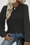 Ribbed Round Neck Long Sleeve Knit Top Black Blouses - Tophatter Daily Deals