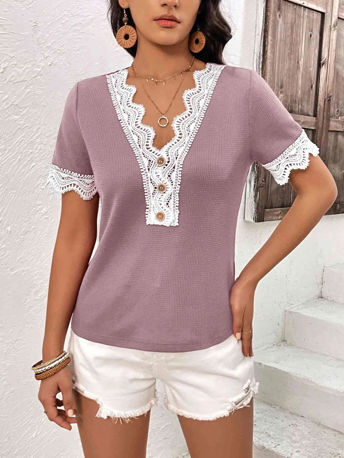 Decorative Button Spliced Lace Short Sleeve Top Blouses - Tophatter Daily Deals