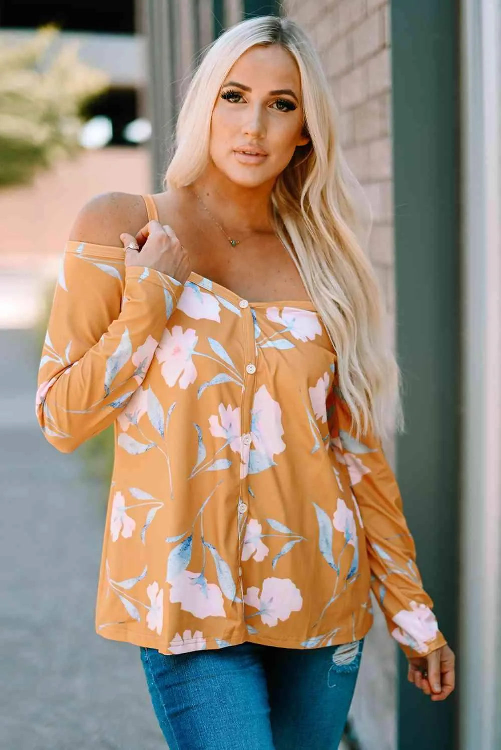 Floral Cold-Shoulder Long Sleeve Top Blouses - Tophatter Daily Deals