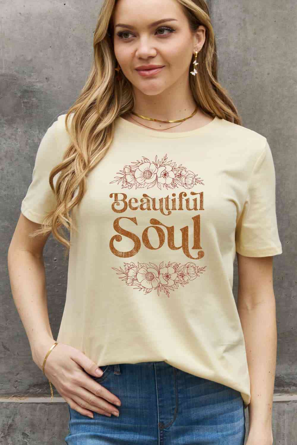 Simply Love Full Size BEAUTIFUL SOUL Graphic Cotton Tee Ivory Women's T-Shirts - Tophatter Daily Deals