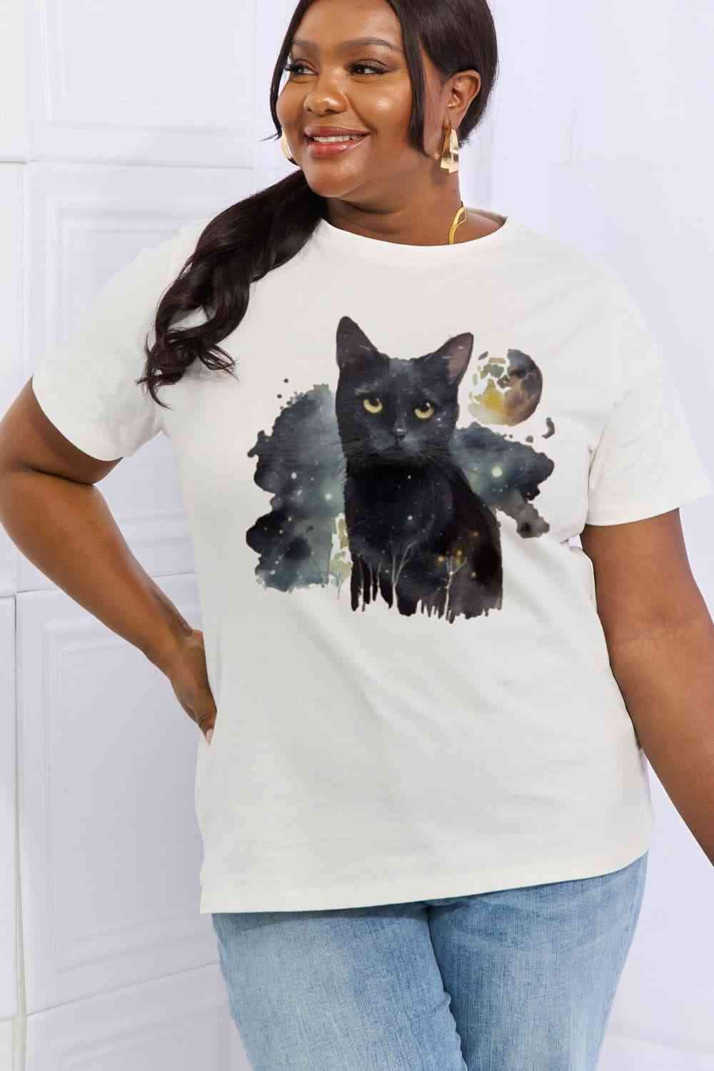 Simply Love Full Size Black Cat Graphic Cotton Tee Women's T-Shirts - Tophatter Daily Deals