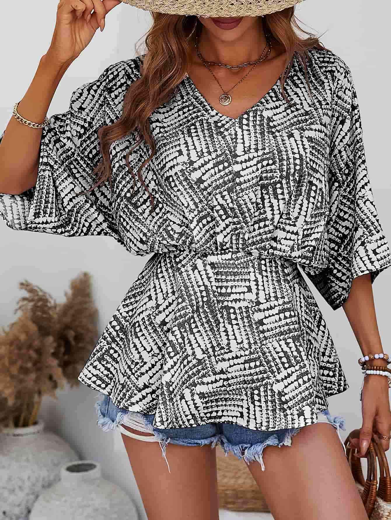 Printed V-Neck Dolman Sleeve Blouse Blouses - Tophatter Daily Deals