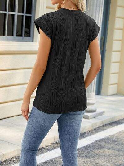 Textured Round Neck Cap Sleeve T-Shirt Women's T-Shirts - Tophatter Daily Deals