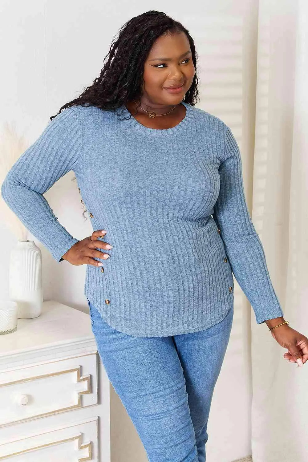 Double Take Round Neck Ribbed Long Sleeve T-Shirt Women's T-Shirts - Tophatter Daily Deals